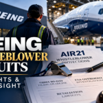 Editorial illustration of Boeing whistleblower lawsuits showing an aircraft hangar, aerospace worker, AIR21 legal documents, and FAA oversight imagery.