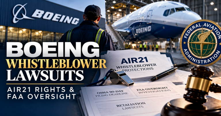 Editorial illustration of Boeing whistleblower lawsuits showing an aircraft hangar, aerospace worker, AIR21 legal documents, and FAA oversight imagery.