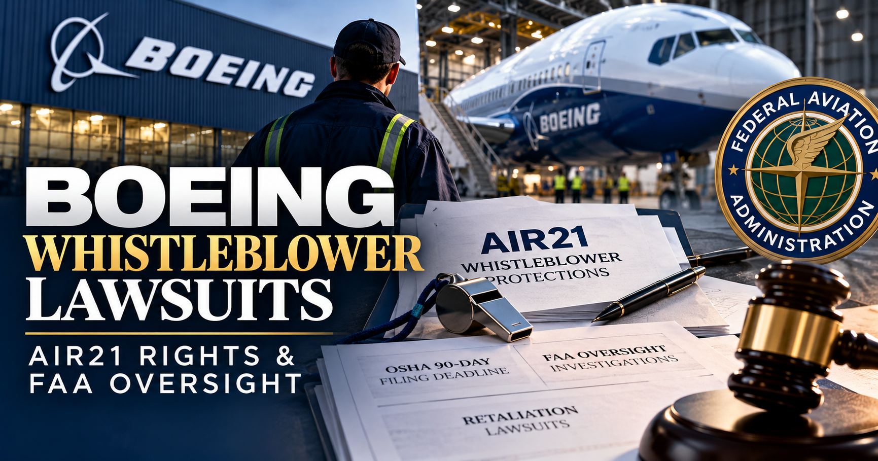 Editorial illustration of Boeing whistleblower lawsuits showing an aircraft hangar, aerospace worker, AIR21 legal documents, and FAA oversight imagery.