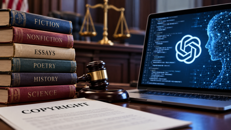 Stack of hardcover books beside a laptop displaying AI code and the OpenAI logo, with a judge's gavel and copyright document illustrating the OpenAI copyright lawsuit over authors' works used in AI training.