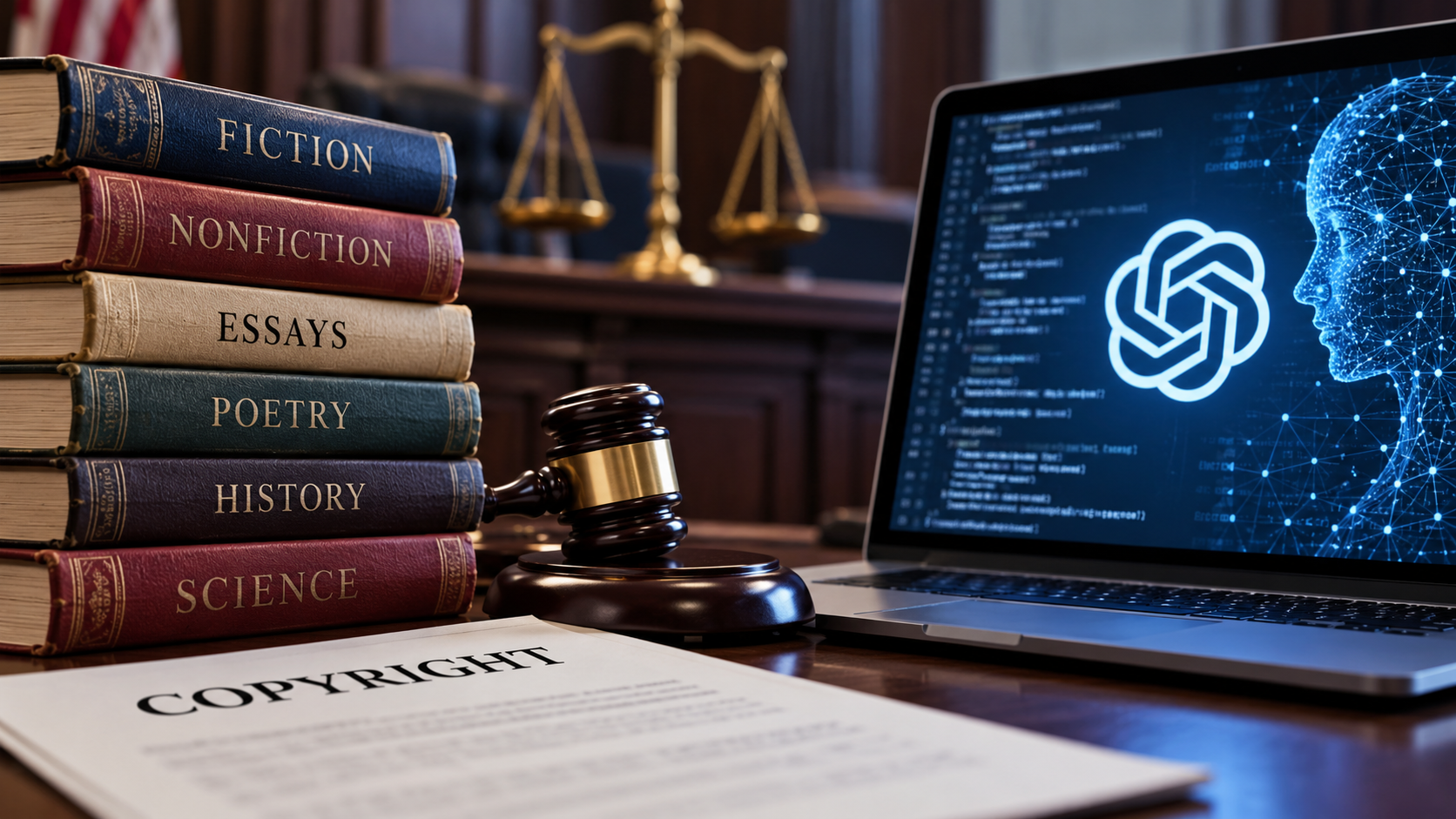 Stack of hardcover books beside a laptop displaying AI code and the OpenAI logo, with a judge's gavel and copyright document illustrating the OpenAI copyright lawsuit over authors' works used in AI training.