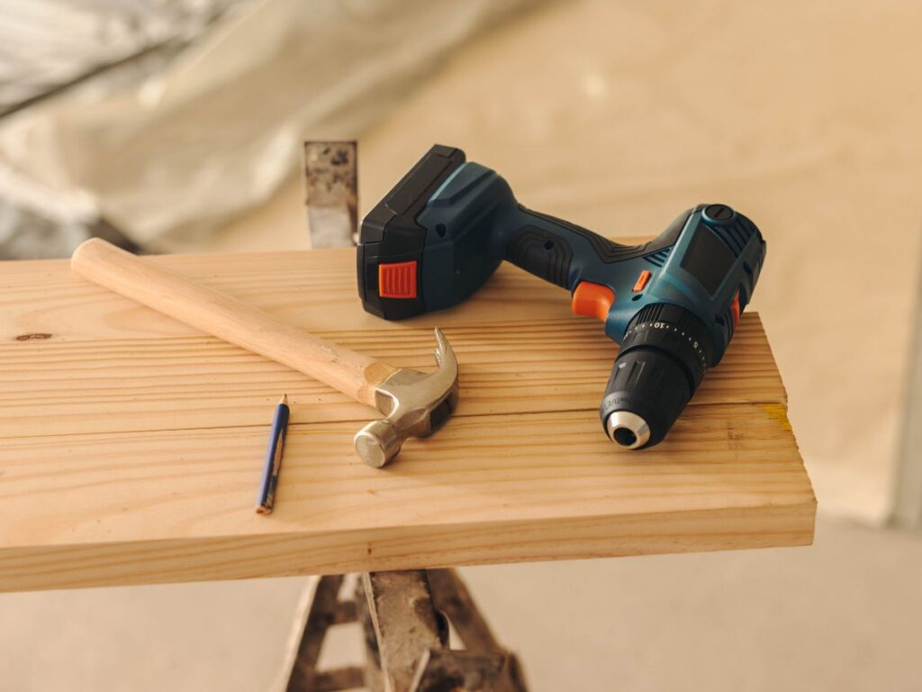 Contractor tools in an unfinished room