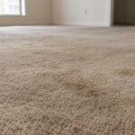 Worn beige carpet with faded traffic stains in an empty apartment room