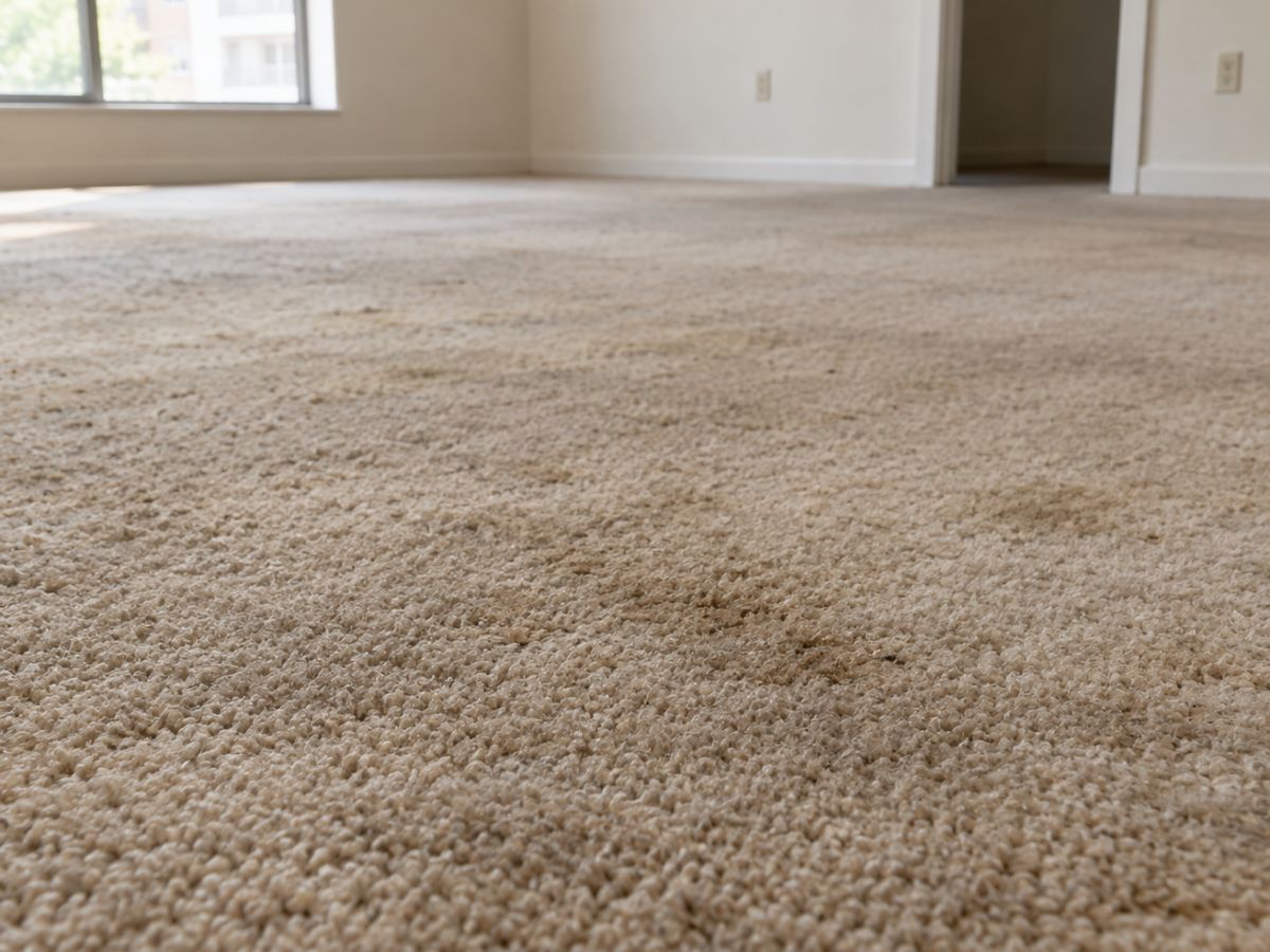 Worn beige carpet with faded traffic stains in an empty apartment room